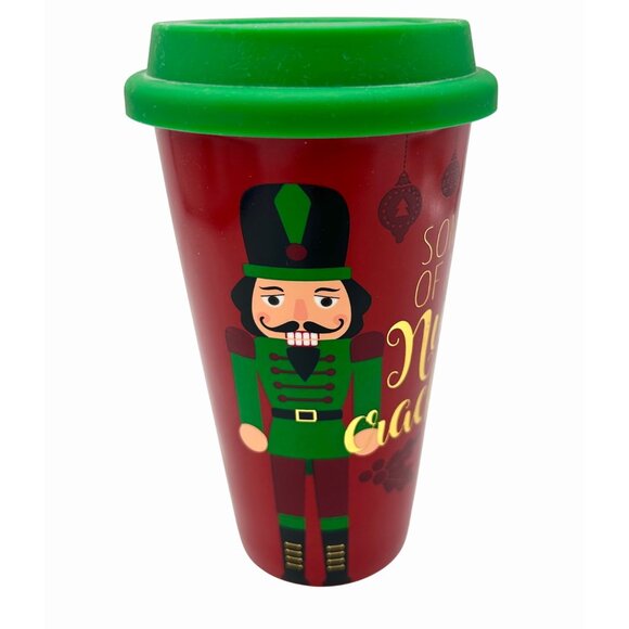 NWT NOVELTY SON OF A NUTCRACKER ELF CERAMIC TRAVEL COFFEE MUG LID CHRMNG CHARLIE - Picture 2 of 7